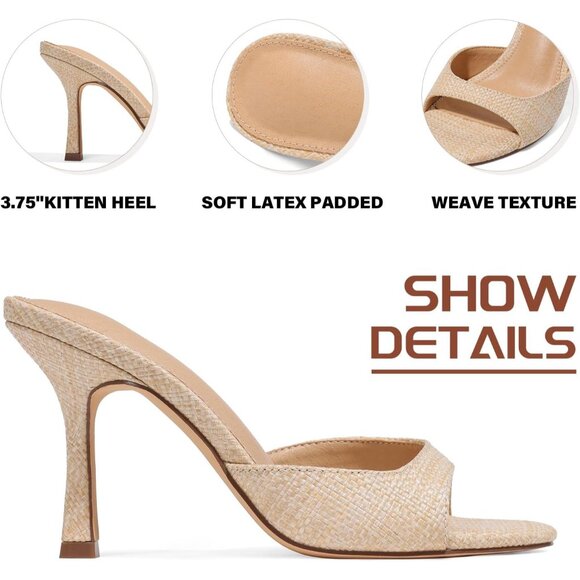 Women's Apricot Slip On Kitten Mule Slides Woven Heels Rubber Sandals Dress - Picture 6 of 6